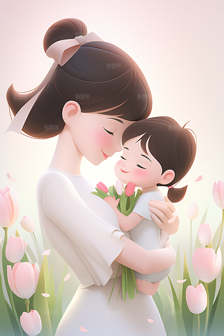 卡通母亲节手绘母爱插画