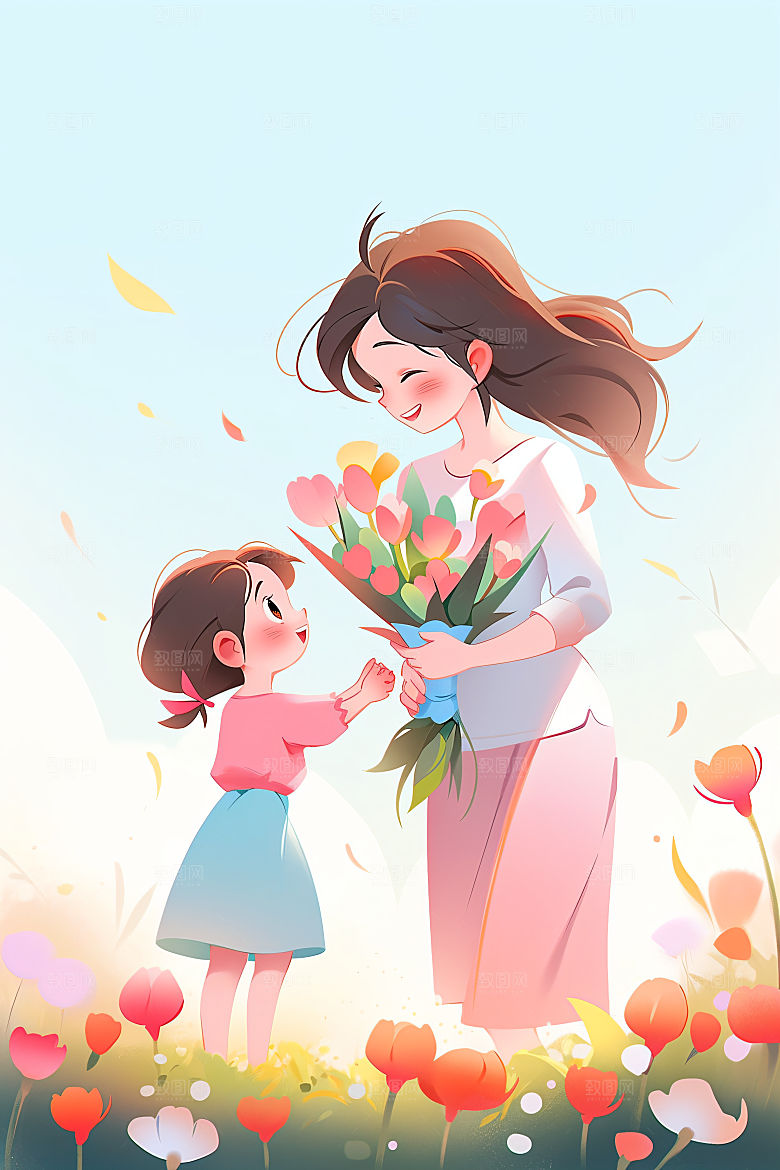 卡通母亲节母爱漫画风插画