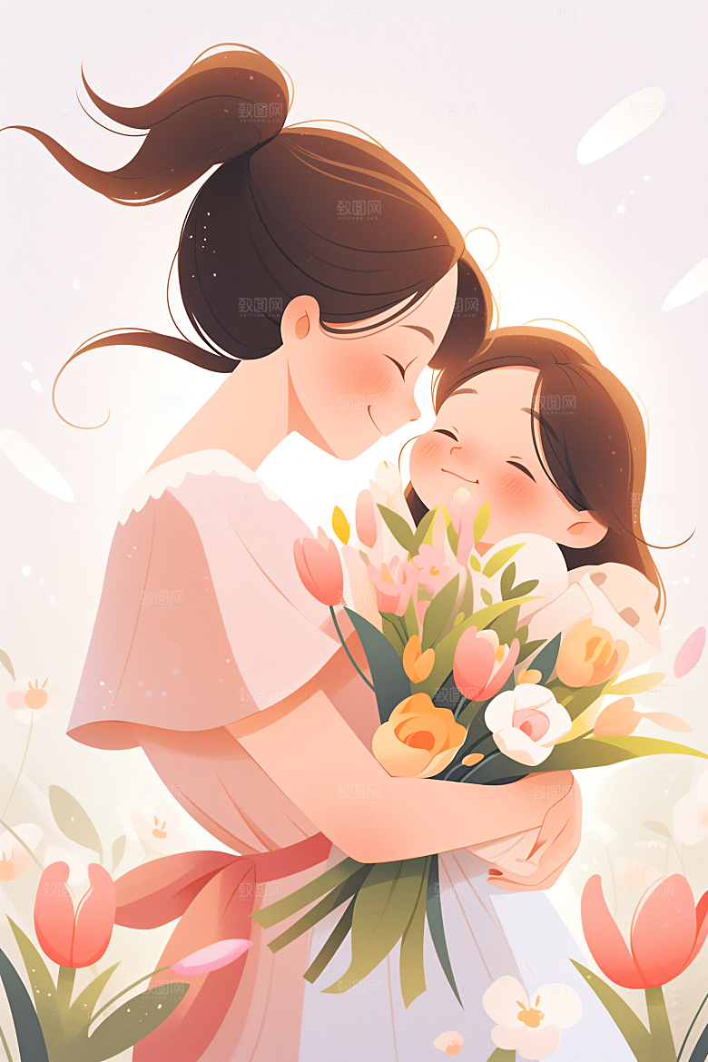 卡通母亲节唯美亲情插画