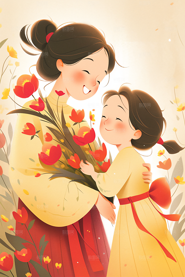 卡通母亲节母爱平面插画