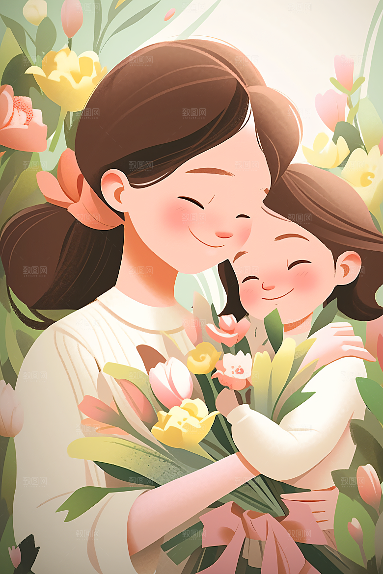 卡通母亲节亲情温馨插画