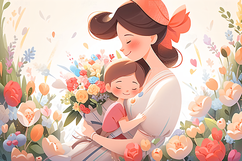 卡通母亲节亲情唯美插画