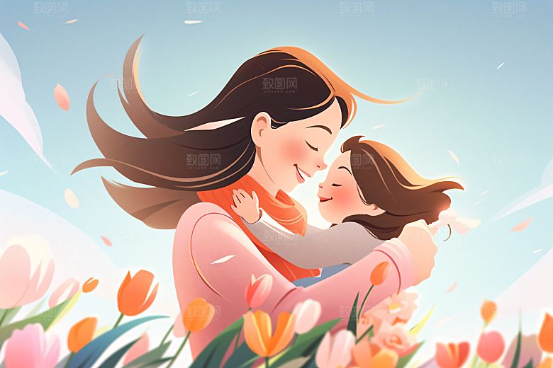 卡通母亲节手绘亲情插画
