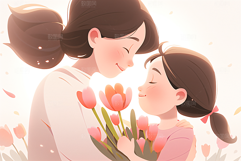 卡通母亲节亲子手绘插画