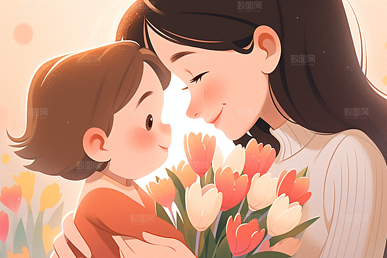 卡通母亲节唯美亲子插画