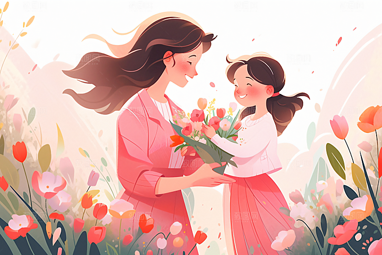卡通母亲节温馨平面插画