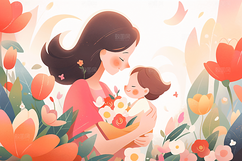 卡通母亲节手绘平面插画
