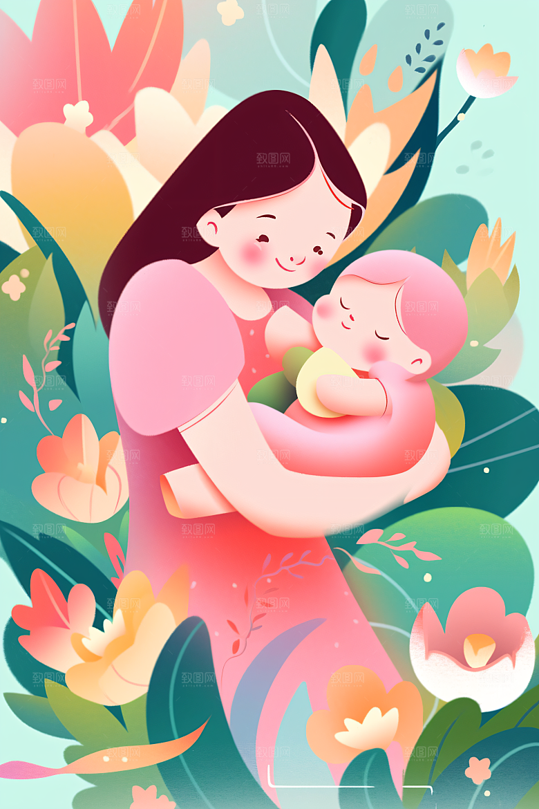 卡通母亲节唯美母爱插画