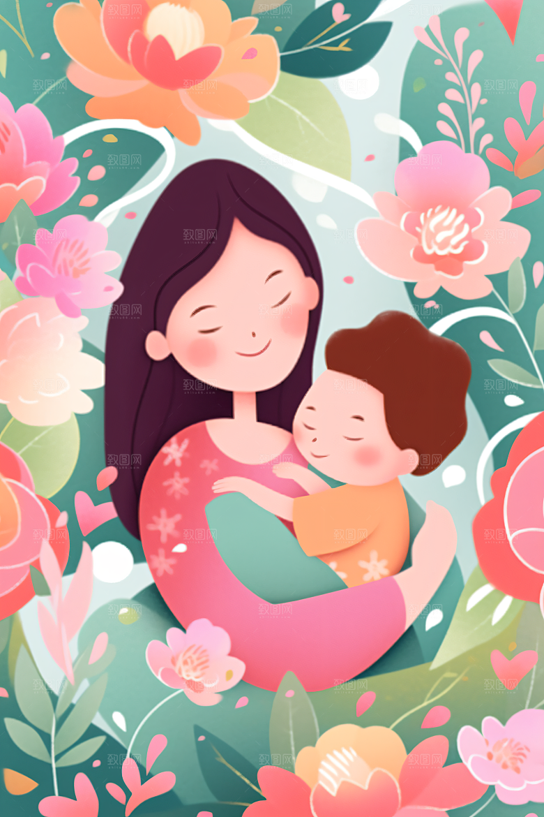 卡通母亲节手绘亲情插画