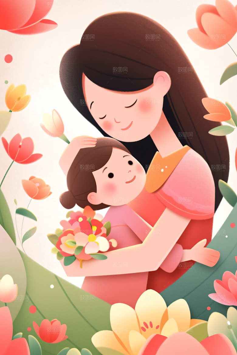 卡通母亲节温情母爱插画