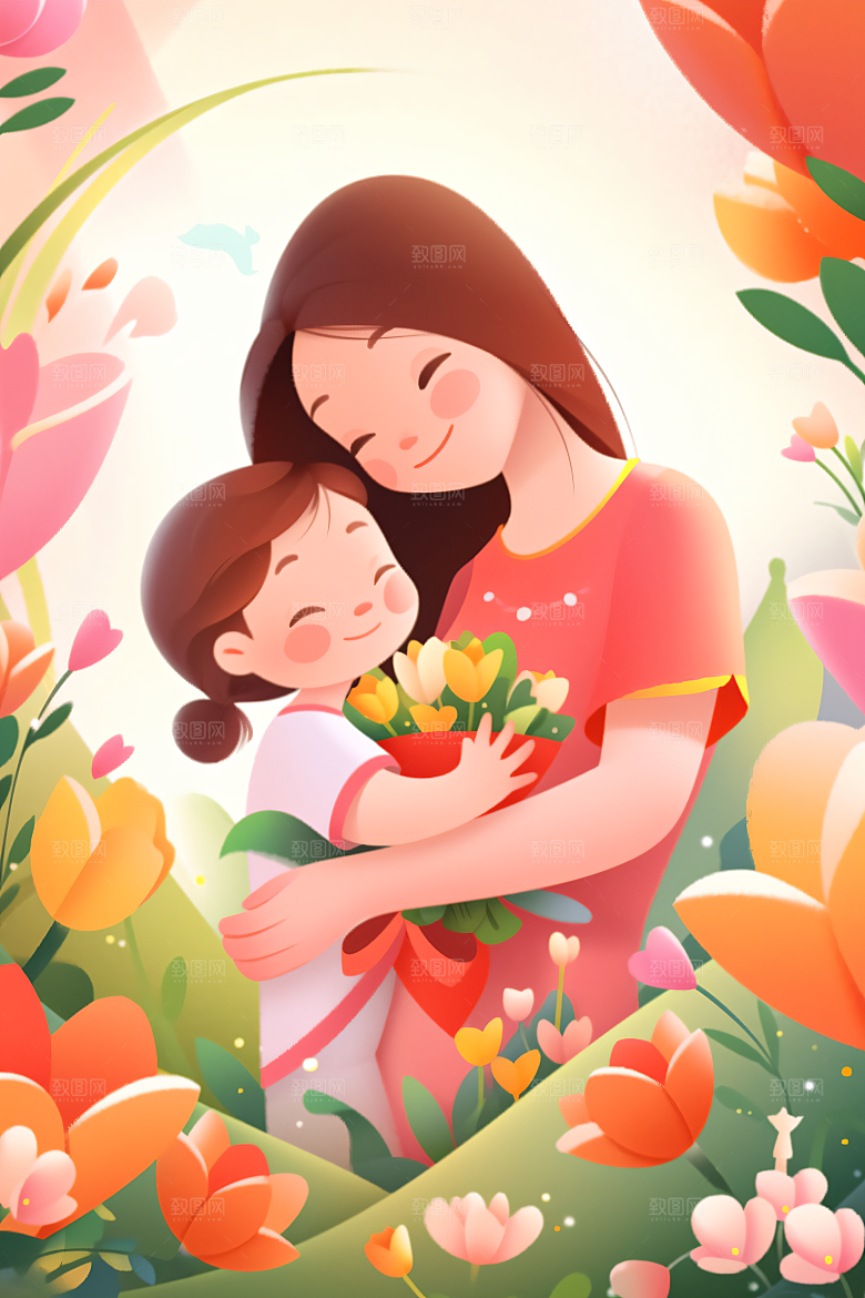 卡通母亲节平面温情插画