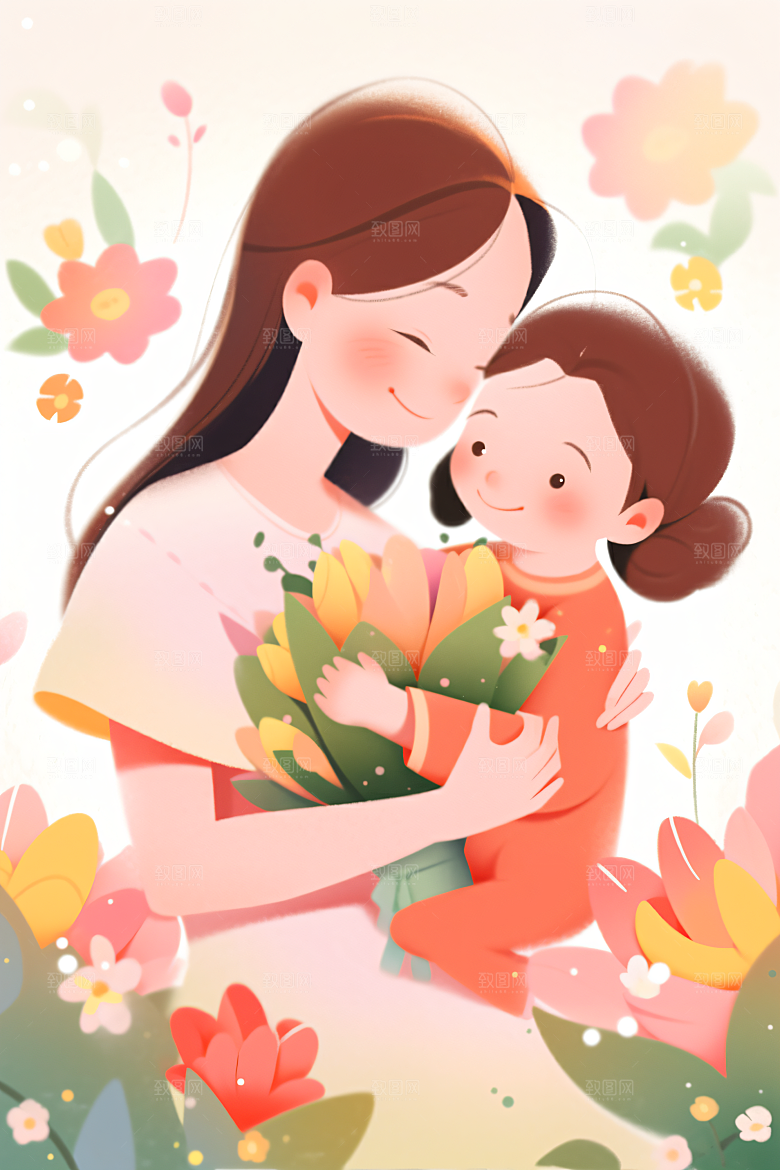 卡通母亲节家庭亲子插画