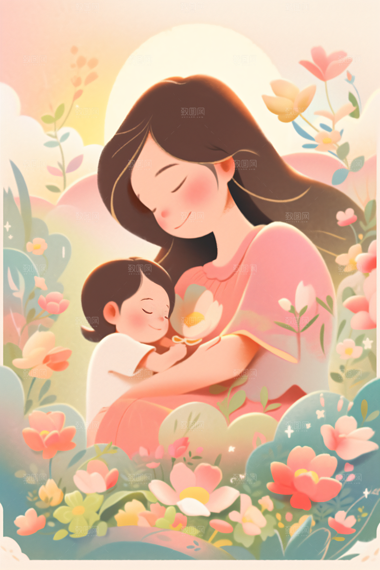 卡通母亲节平面唯美插画