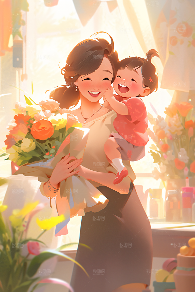 卡通母亲节亲情温情插画