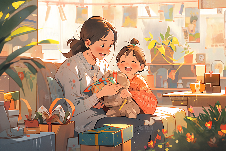 卡通母亲节母亲节唯美插画