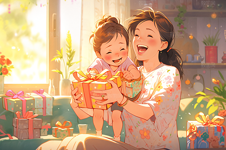 卡通母亲节平面唯美插画