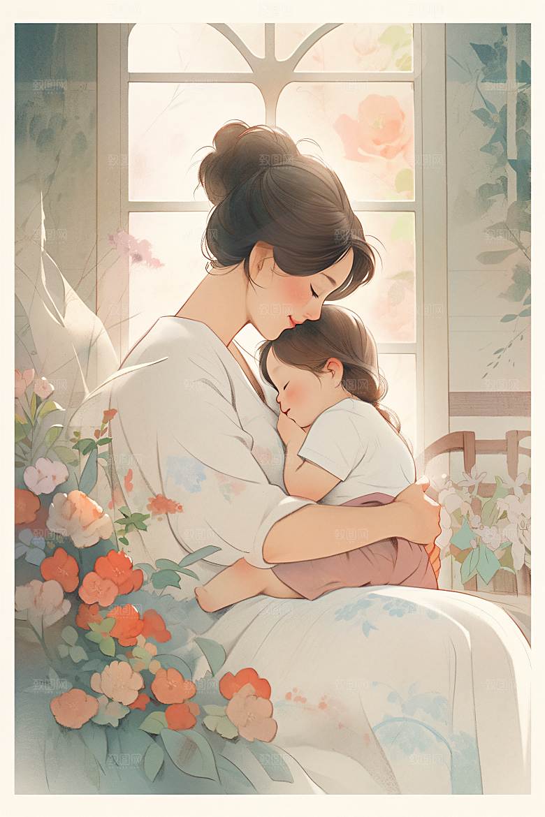 卡通母亲节母爱唯美插画