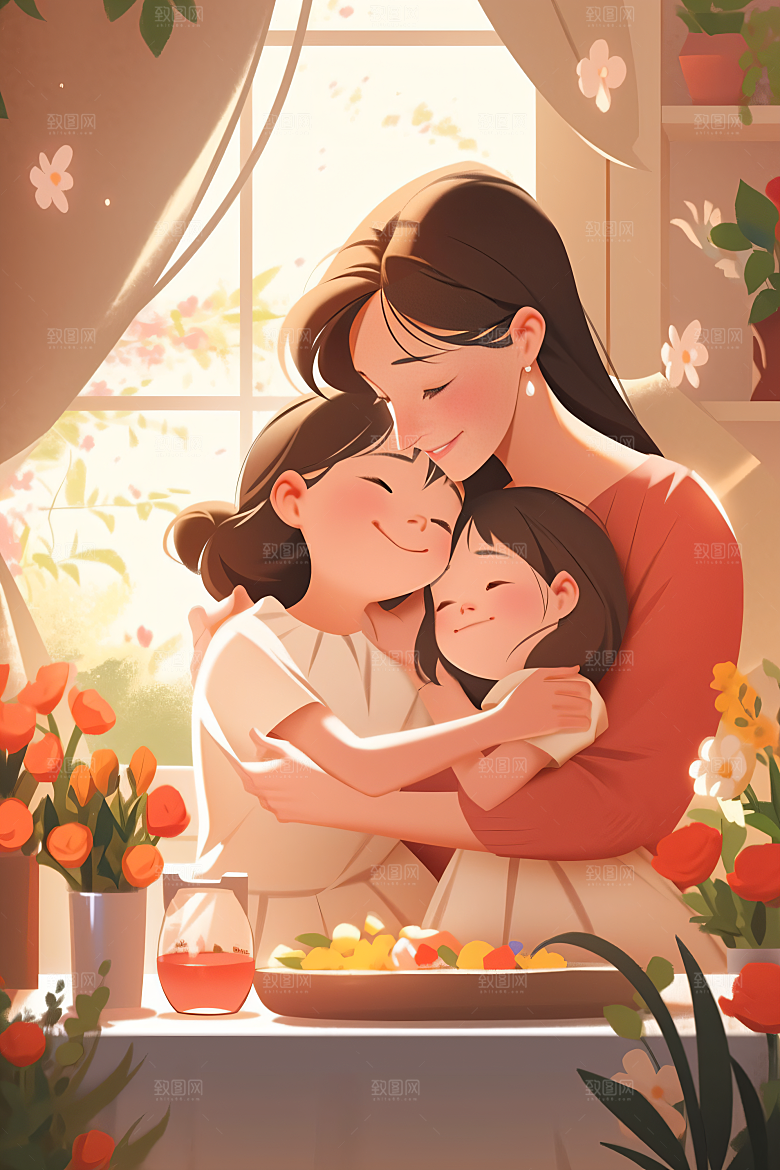 卡通母亲节亲子唯美插画
