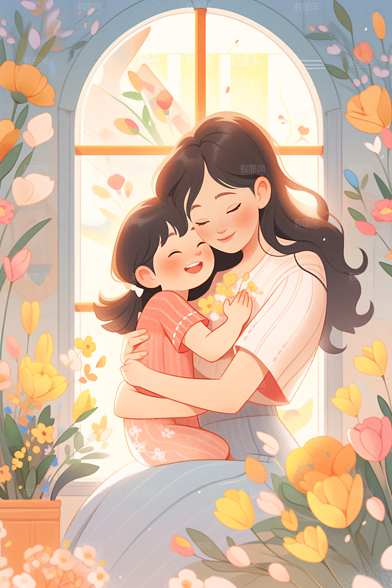 卡通母亲节唯美温情插画
