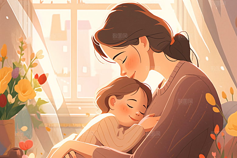 卡通母亲节唯美亲子插画