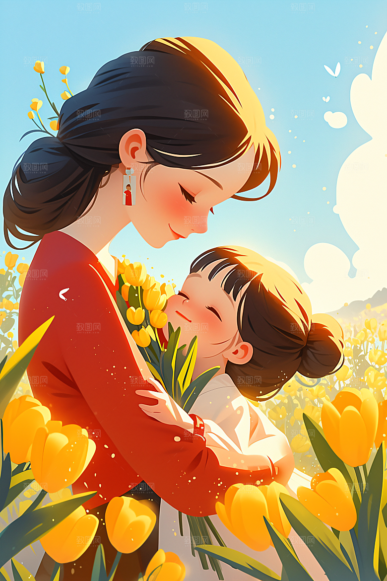 卡通母亲节家庭唯美插画