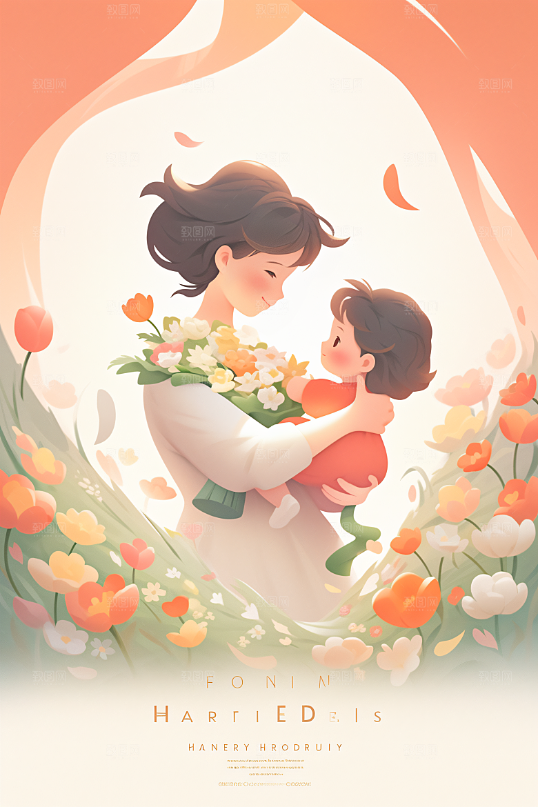 卡通母亲节亲情温情插画