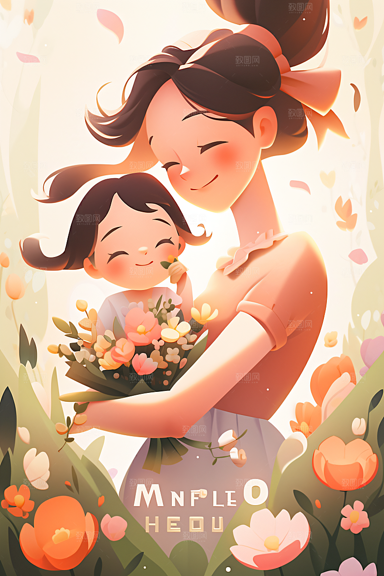 卡通母亲节手绘唯美插画