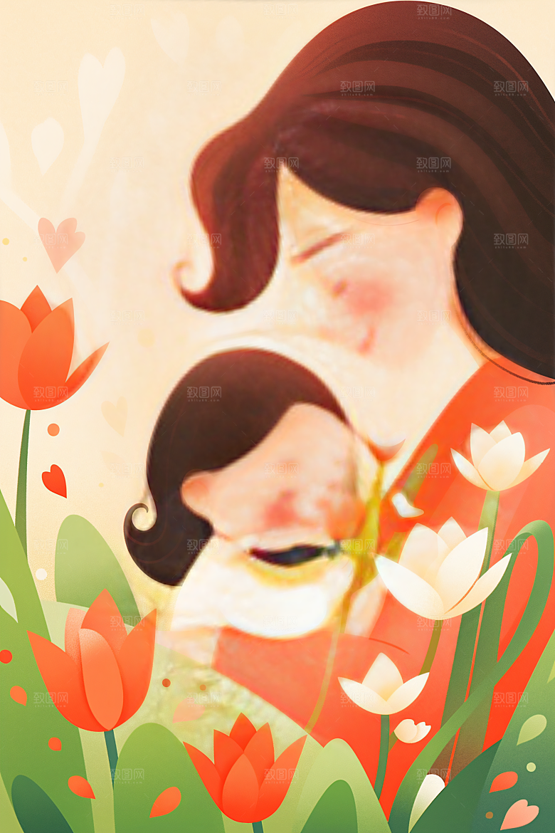 卡通母亲节唯美亲子插画