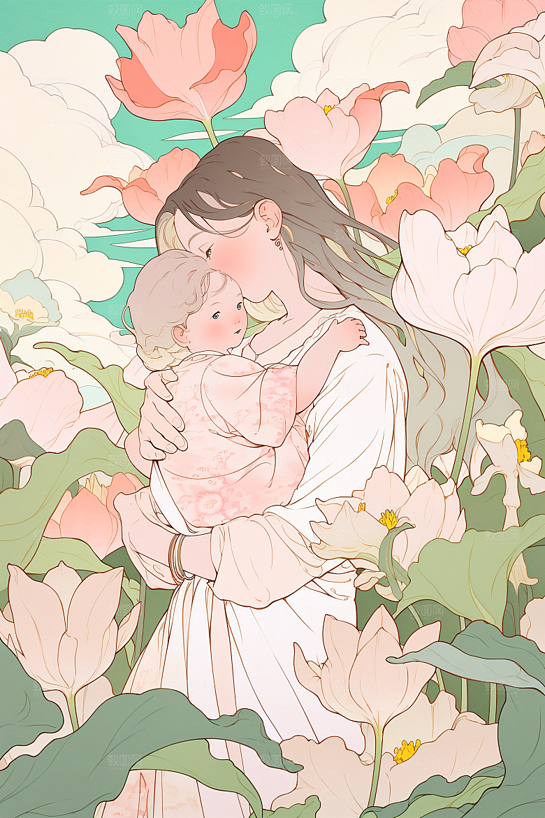 卡通母亲节温馨温情插画