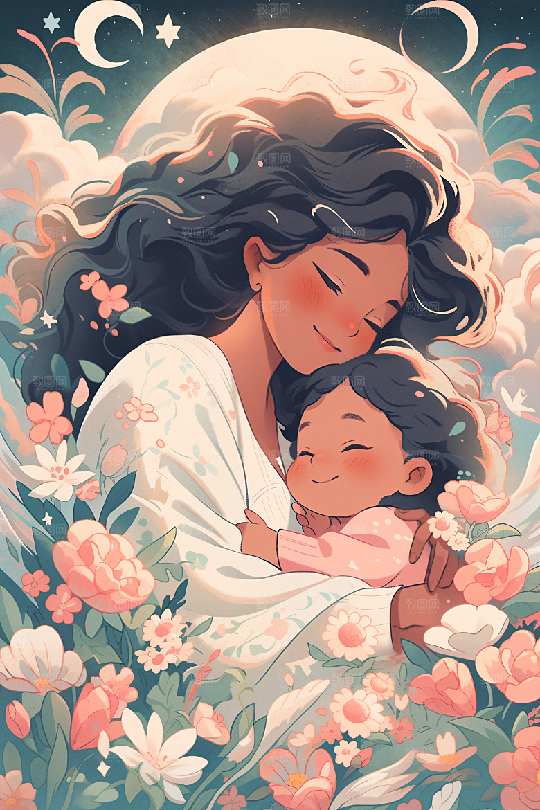 卡通母亲节手绘唯美插画