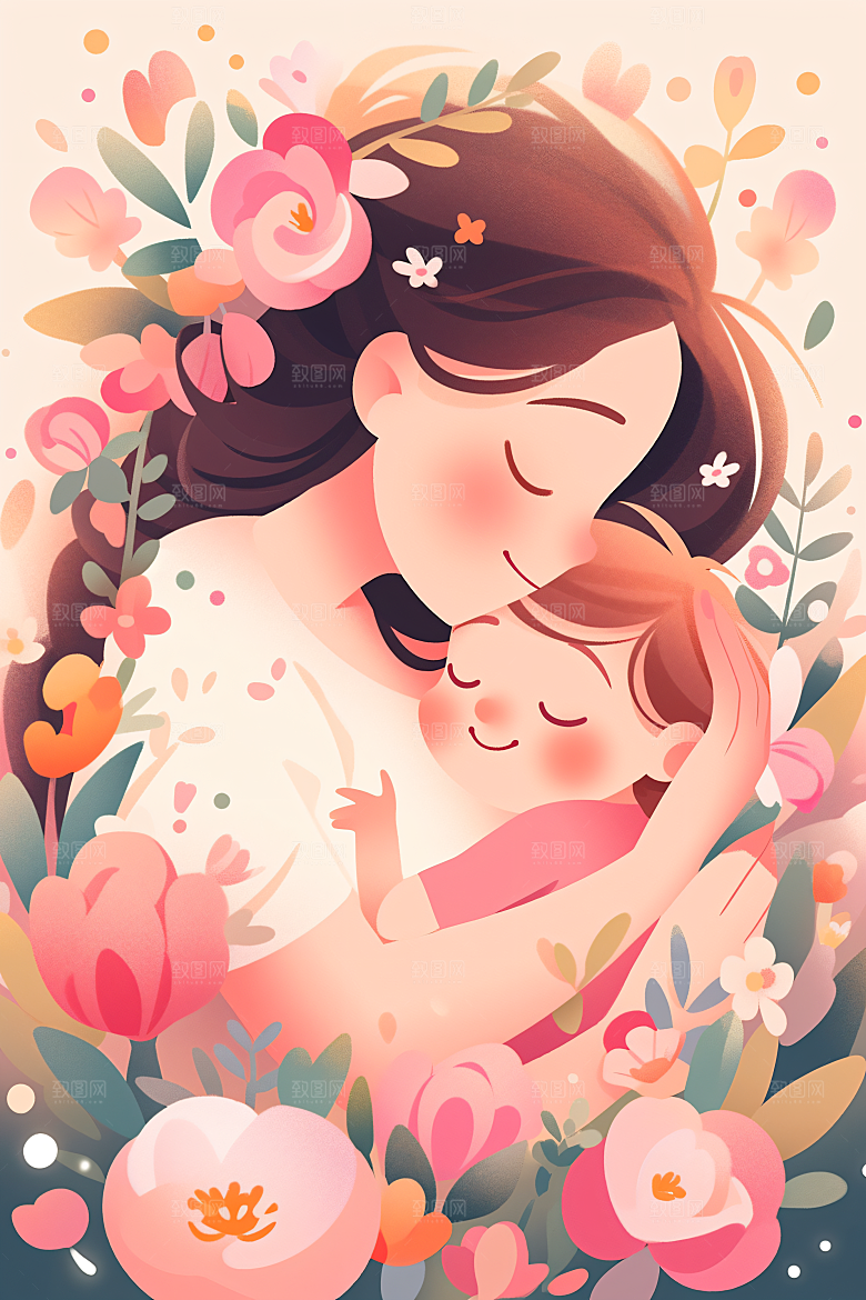 卡通母亲节手绘唯美插画