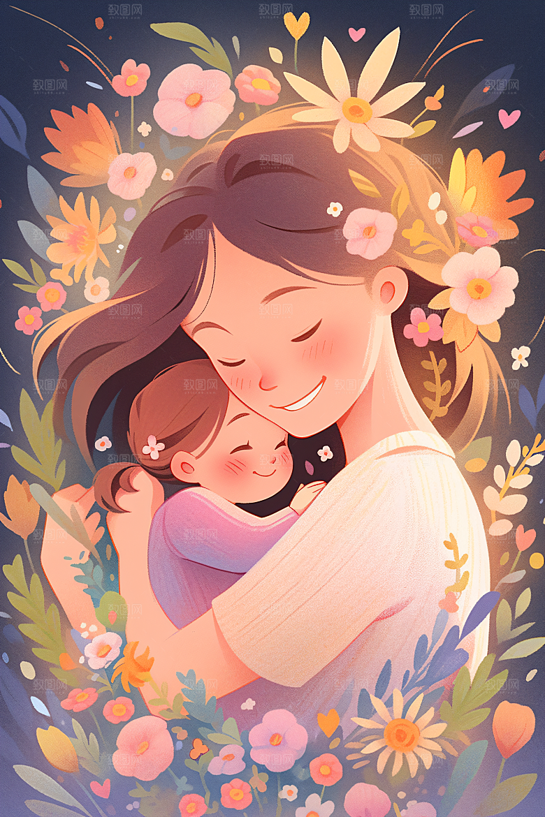 卡通母亲节亲子母爱插画