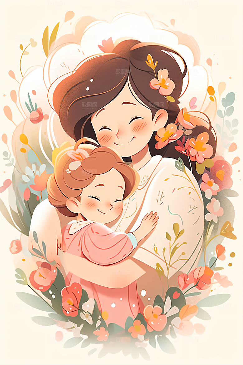 卡通母亲节唯美母爱插画