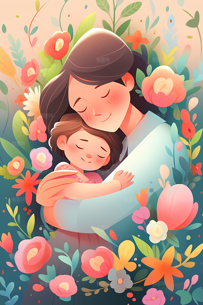 卡通母亲节家庭唯美插画