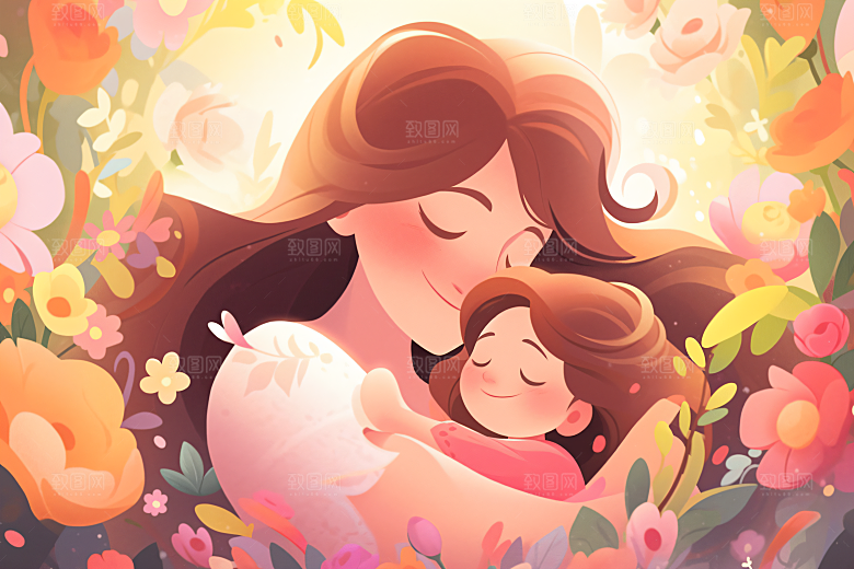 卡通母亲节唯美平面插画