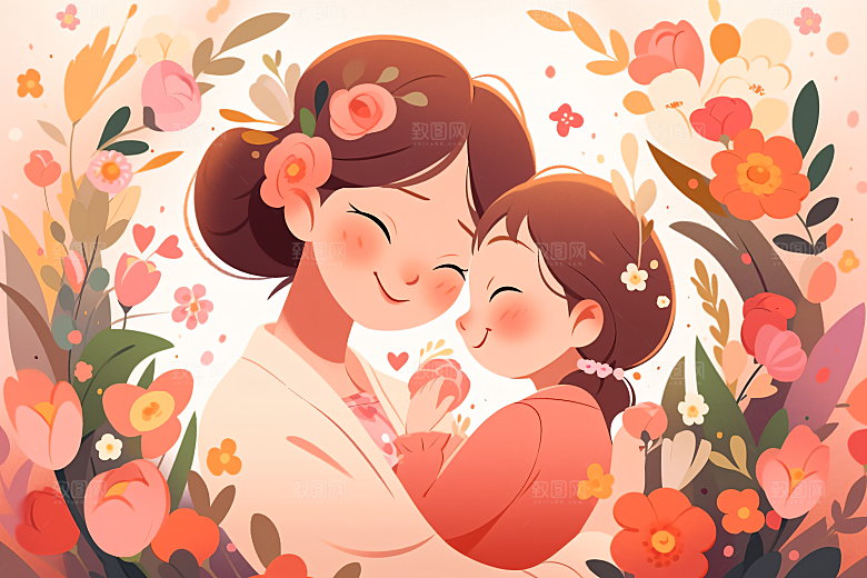卡通母亲节亲子手绘插画