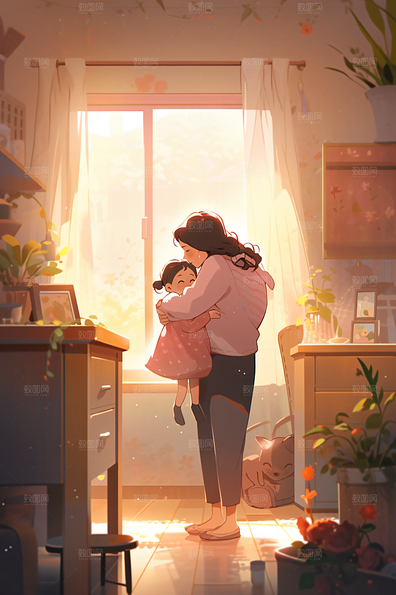 卡通母亲节唯美温情插画