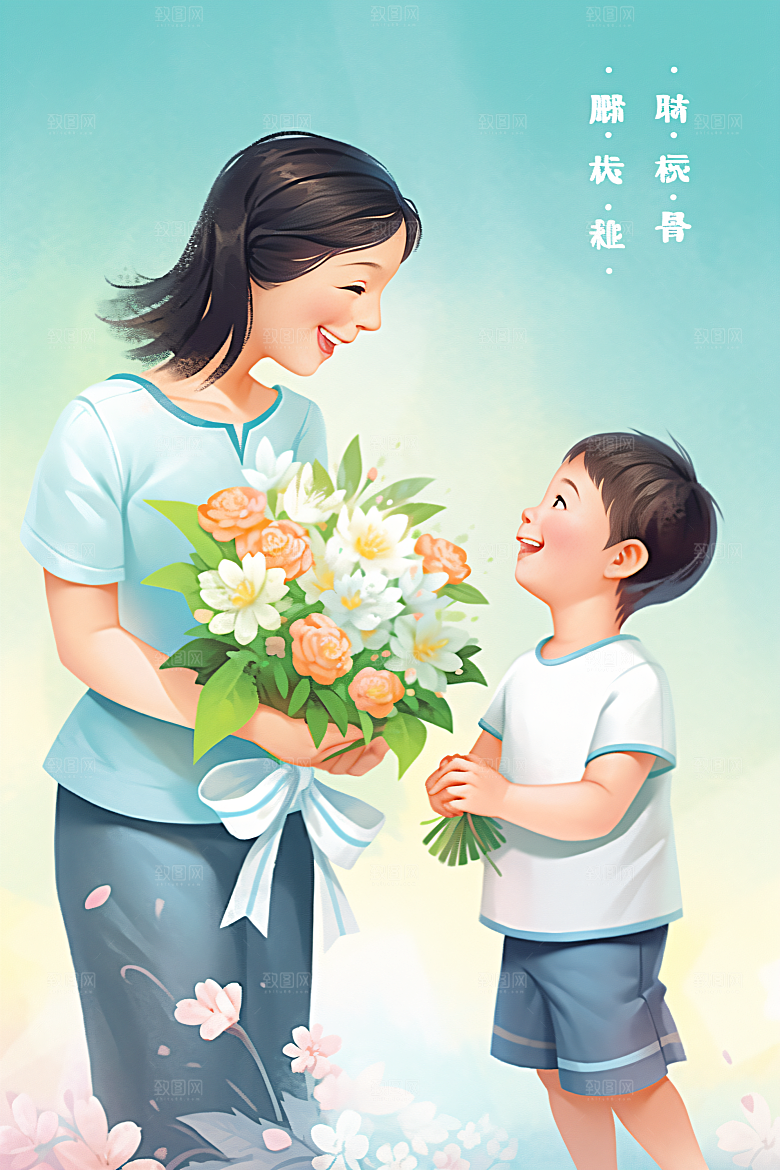 卡通母亲节家庭手绘插画