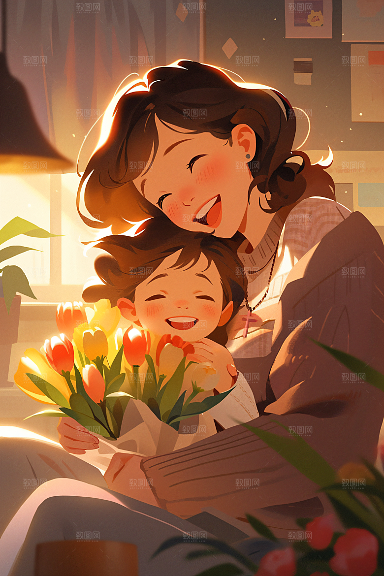 卡通母亲节家庭唯美插画