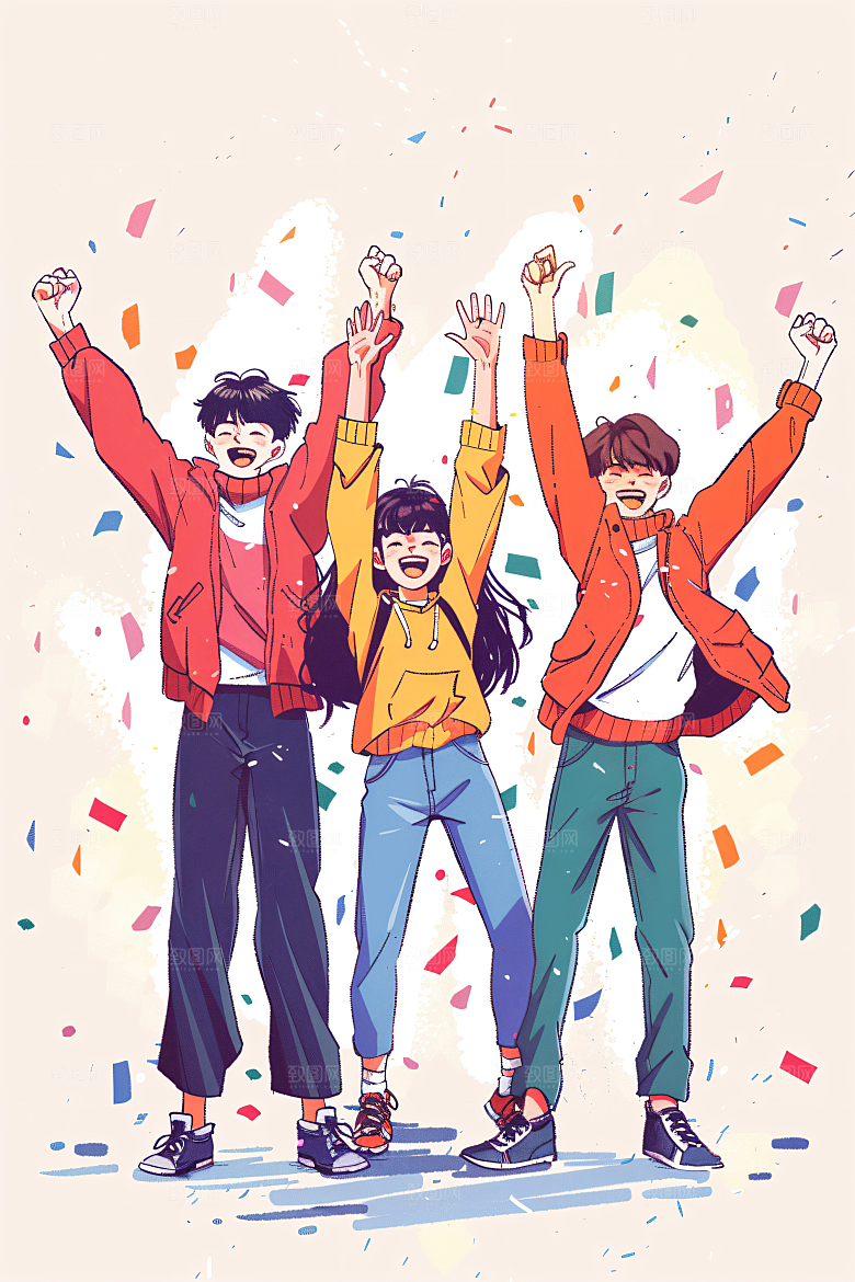 卡通年轻人欢乐五四青年节插画