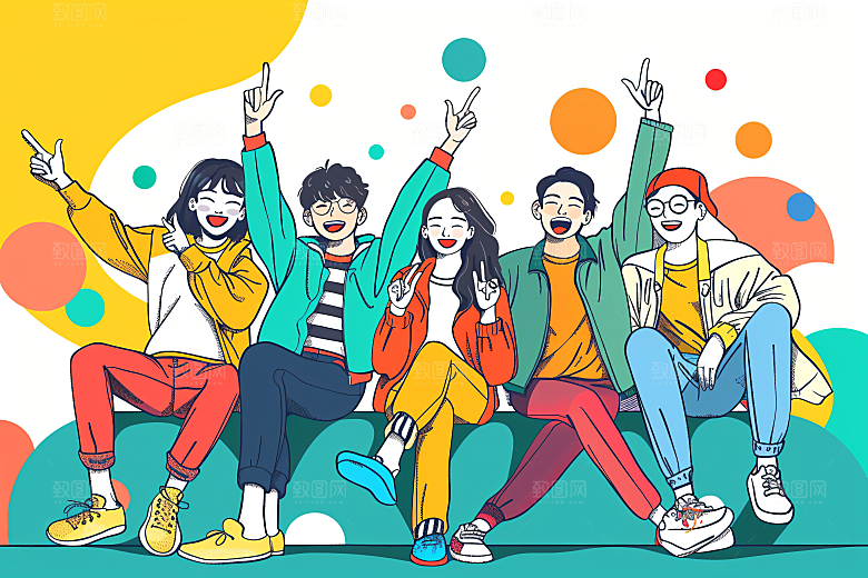 卡通年轻人学生鲜明插画