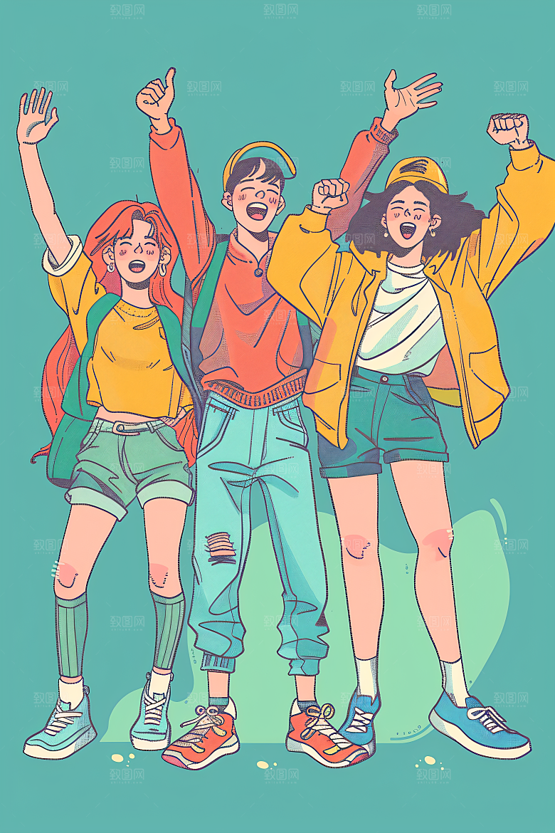卡通年轻人欢乐平面插画