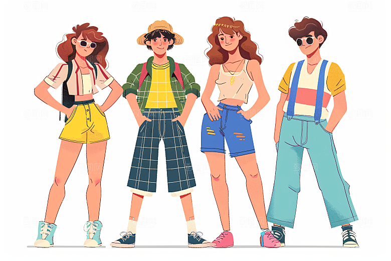 卡通年轻人鲜明平面插画