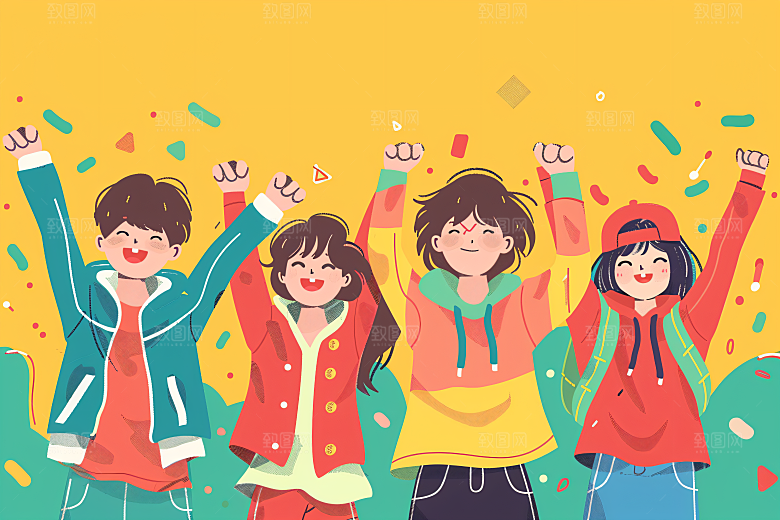 卡通年轻人青春欢呼插画
