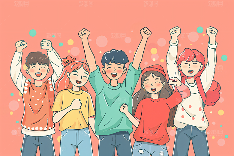 卡通年轻人彩色欢呼插画