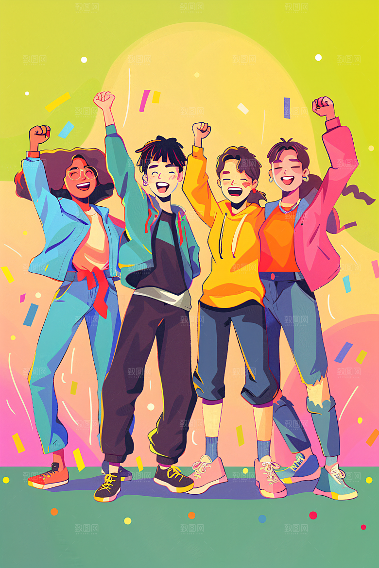 卡通年轻人手绘活泼插画