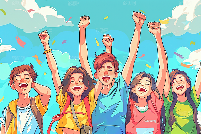 卡通年轻人青春积极向上插画