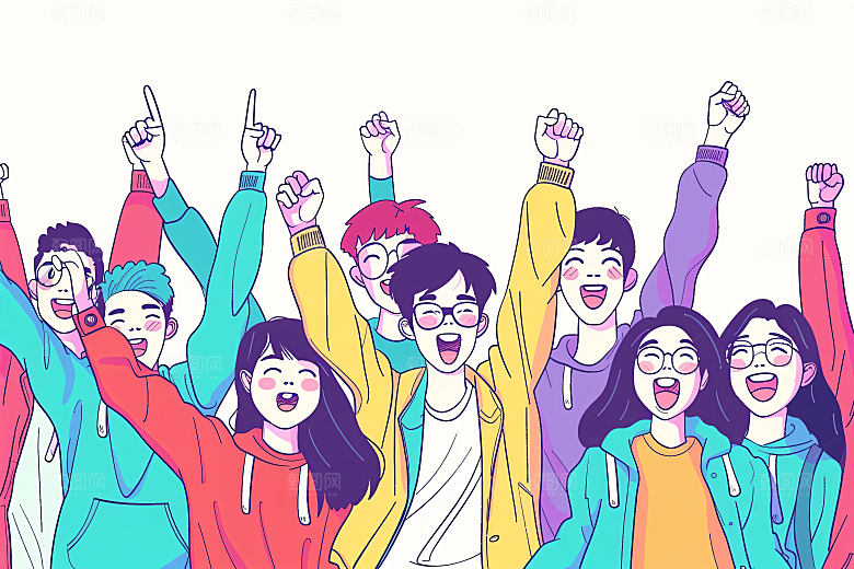卡通年轻人欢呼五四青年节插画
