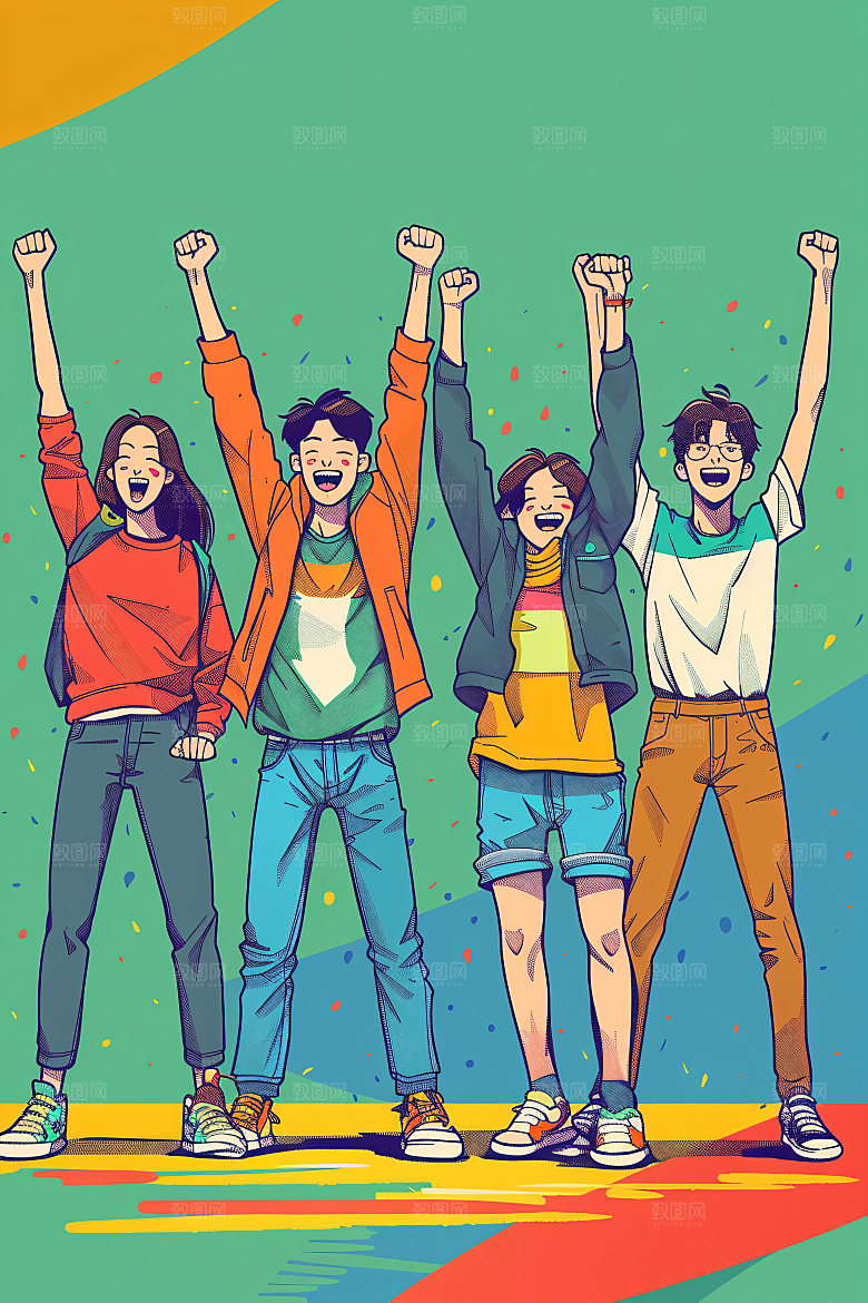 卡通年轻人欢呼学生插画