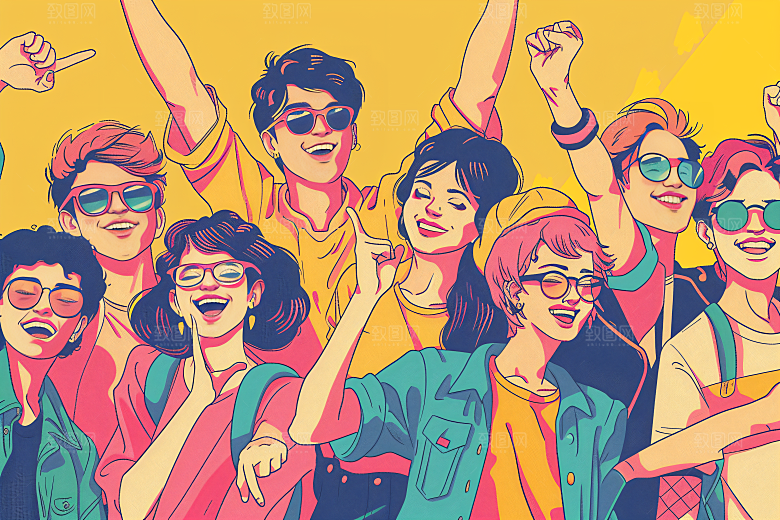 卡通年轻人积极向上手绘插画
